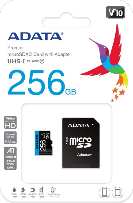 ADATA Premier R100/W25 microSDXC 256GB Kit, UHS-I U1, A1, Class 10