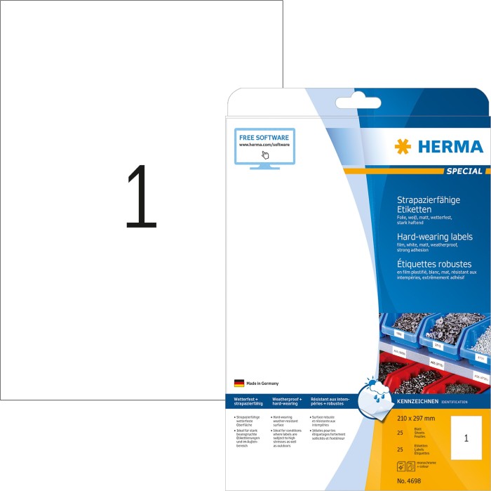Herma Wetterfeste Folienetiketten A4, weiß 25 Blatt