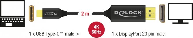 DeLOCK USB-C [Stecker] auf DisplayPort 1.2 [Stecker] Kabel 4K 60Hz schwarz, mit Nylongeflecht, 2m