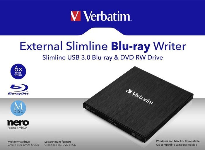 Verbatim External Slimline Blu-ray Writer, USB 3.0