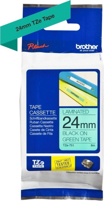 Brother TZe-751 labelling tape, 24mm, green/black