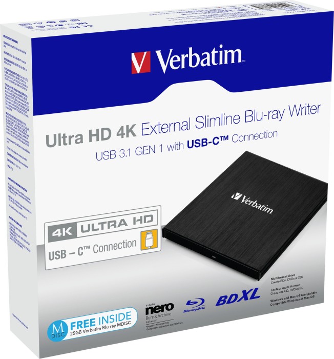 Verbatim Ultra HD 4K External Slimline Blu-ray Writer, USB-C 3.0