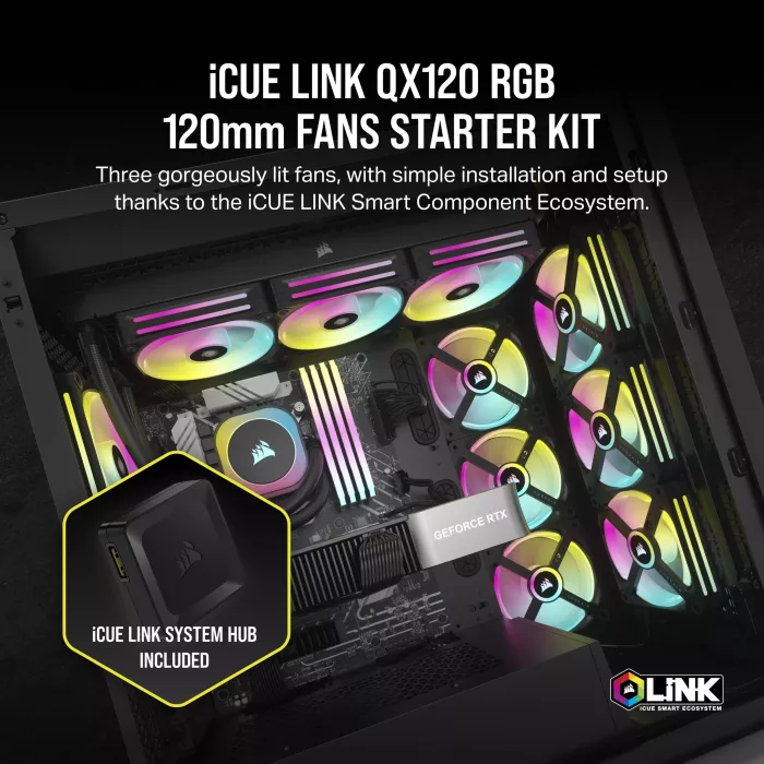 Corsair iCUE LINK QX120 RGB Starter Kit, schwarz, LED-Steuerung, 120mm, 3er-Pack