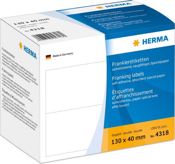 HERMA Franking labels Etiketten Papier self-adhesive weiß 130 x 40 mm 1000 500 Bogen x 2 (4318)