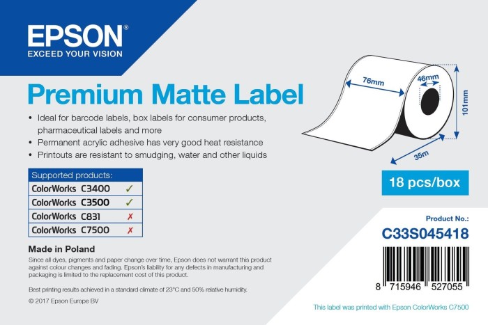 Epson etykiety rolkowane Premium mata, 76mm, 35m, biały, matowy, 1 rolka