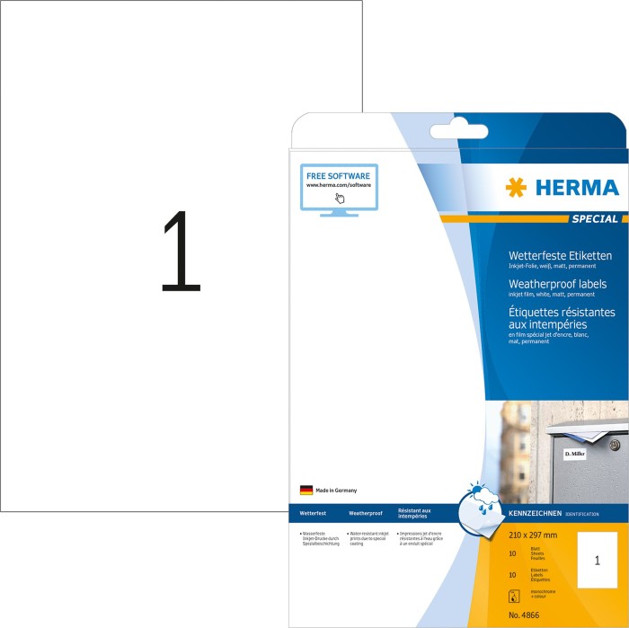 Herma 4866 wetterfest Inkjet-Etiketten 21.0x29.7 cm (10 Blatt (10 Etiketten))