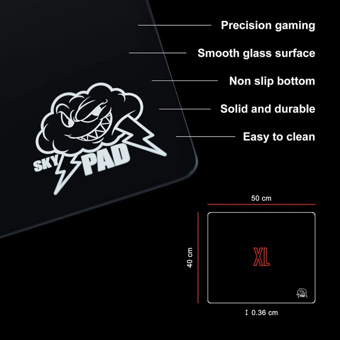 SkyPAD Glass 3.0 XL Gaming-podkładka wyłącz gehärtetem szkło, 500x400mm, Cloud logo, czarny