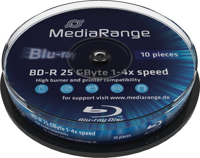 MediaRange BD-R 25GB, 4x, Cake Box 10 sztuk, do nadruku