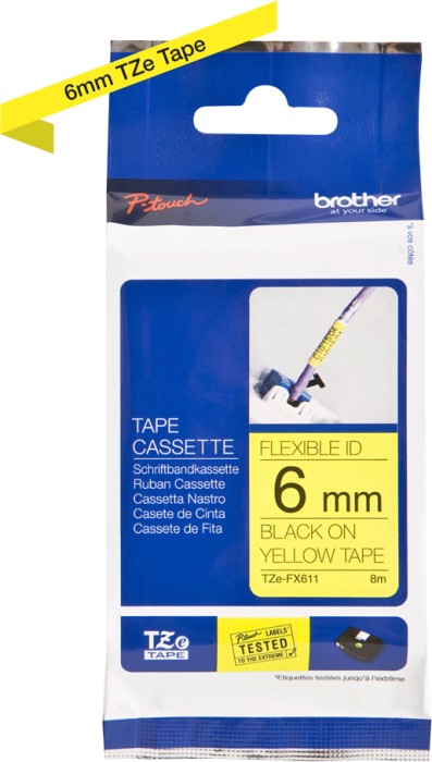 Brother TZe-FX611 labelling tape, 6mm, black/yellow
