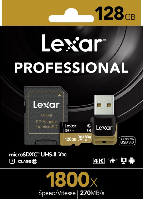 Lexar Professional 1800x R270/W110 microSDXC 128GB Kit, UHS-II U3, Class 10