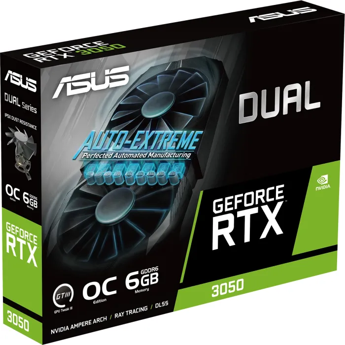 ASUS Dual GeForce RTX 3050 OC, DUAL-RTX3050-O6G, 6GB GDDR6, DVI, HDMI, DP