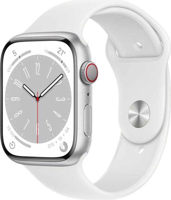 Apple Watch Series 8 (GPS + Cellular) 45mm Aluminium silber mit Sportarmband weiß