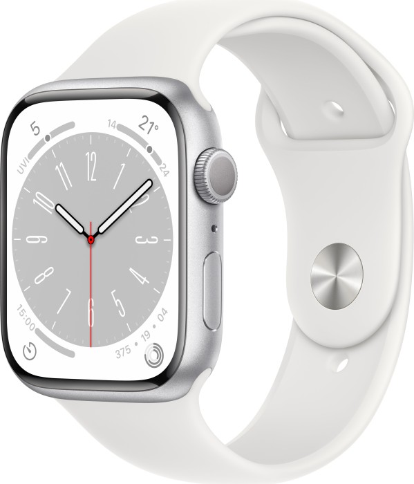 Apple Watch Series 8 (GPS) 45mm Aluminium silber mit Sportarmband weiß