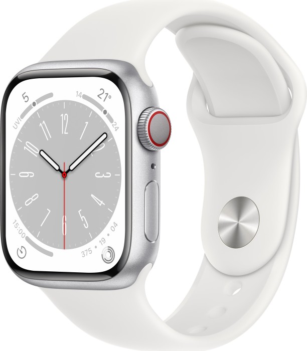 Apple Watch Series 8 (GPS + Cellular) 41mm Aluminium silber mit Sportarmband weiß