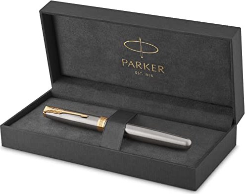 Parker Sonnet Füller | Edelstahl mit Goldzierteilen | Füllfederhalter mit feiner Feder | Geschenkbox