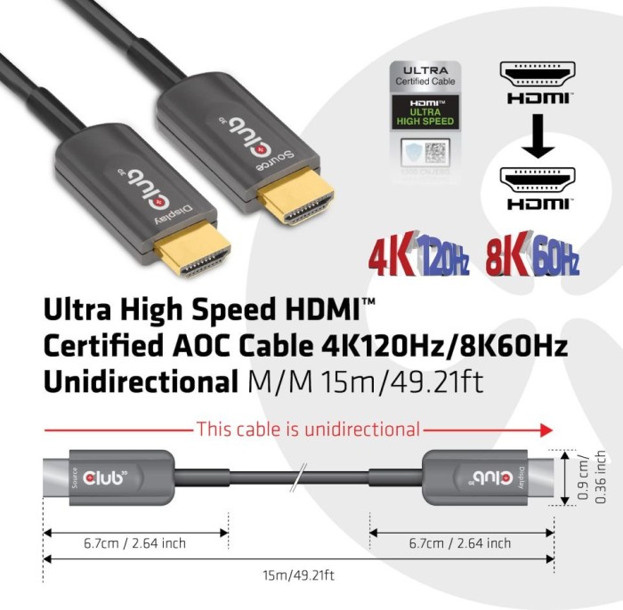 Club 3D Ultra High Speed HDMI 2.1 przewód 4K120Hz, 8K60Hz, 48Gbps certyfikowany, 15m