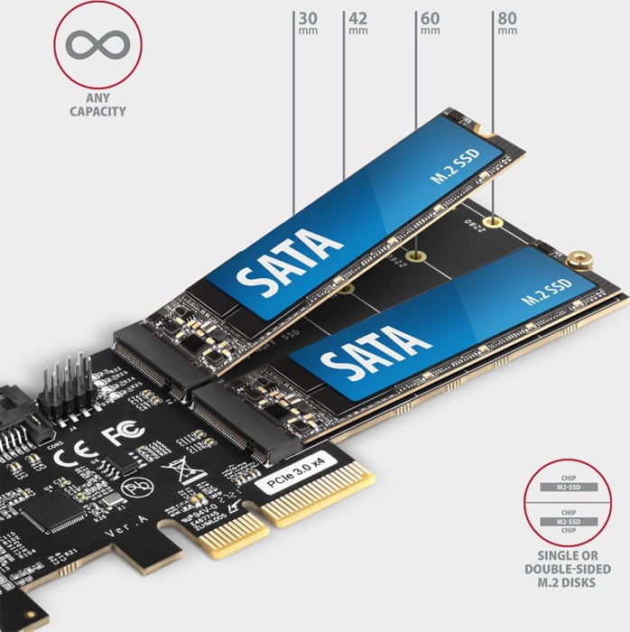 AXAGON 2x SATA 6Gb/s, 2x M.2 SATA, PCIe 3.0 x2