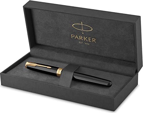 Parker Sonnet Füller | Schwarze Lackierung mit Goldzierteilen | Füllfederhalter mit mittlerer Feder | Geschenkbox