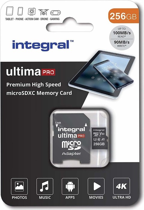 Integral Premium High Speed R100/W50 microSDXC 256GB Kit, UHS-I U3, A1, Class 10