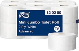 Tork Advanced Mini Jumbo 2-lagig Großrollen-Toilettenpapier weiß, 12 Rollen