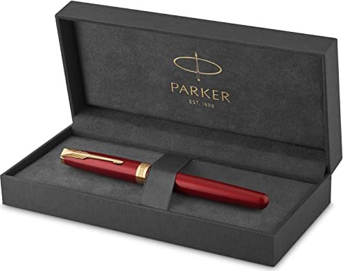 Parker Sonnet Füller | Rote Lackierung mit Goldzierteilen | Füllfederhalter mit mittlerer Feder | Geschenkbox