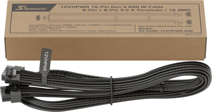 Seasonic 12VHPWR Cable, 600W PCIe 5.0 12VHPWR, 2x 8-Pin PCIe Stecker auf 16-Pin PCIe 5.0 12VHPWR Stecker, Adapterkabel, schwarz, 75cm