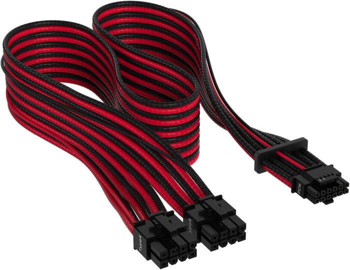 Corsair PSU Cable Type 4 - 600W PCIe 5.0 12VHPWR, 2x 8-Pin PCIe Stecker auf 16-Pin PCIe 5.0 12VHPWR Stecker, Adapterkabel, Premium Individually Sleeved, rot/schwarz, 65cm