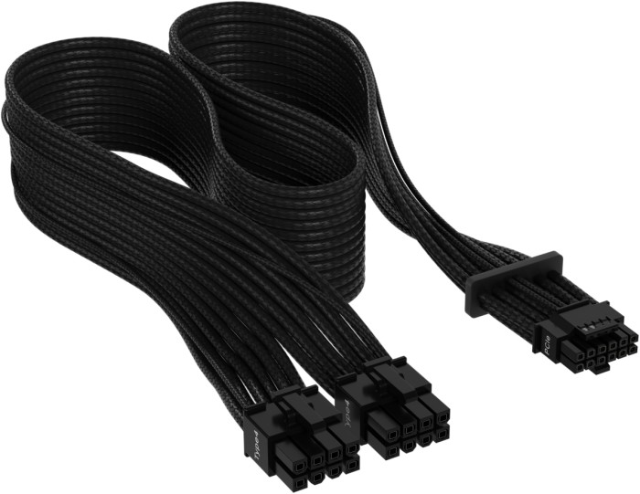 Corsair PSU Cable Type 4 - 600W PCIe 5.0 12VHPWR, 2x 8-Pin PCIe wtyczka na 16-Pin PCIe 5.0 12VHPWR wtyczka, kabel przejściówka, Premium Individually Sleeved, czarny, 65cm