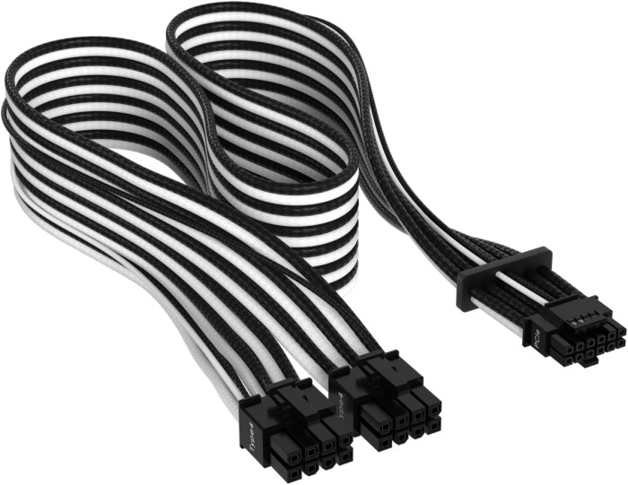 Corsair PSU Cable Type 4 - 600W PCIe 5.0 12VHPWR, 2x 8-Pin PCIe wtyczka na 16-Pin PCIe 5.0 12VHPWR wtyczka, kabel przejściówka, Premium Individually Sleeved, biały/czarny, 65cm