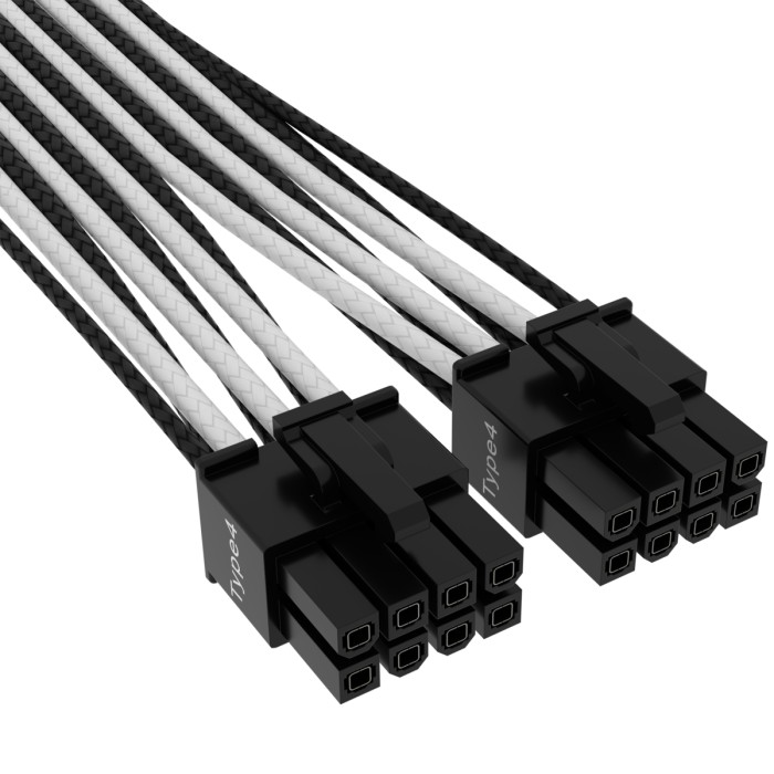 Corsair PSU Cable Type 4 - 600W PCIe 5.0 12VHPWR, 2x 8-Pin PCIe wtyczka na 16-Pin PCIe 5.0 12VHPWR wtyczka, kabel przejściówka, Premium Individually Sleeved, biały/czarny, 65cm