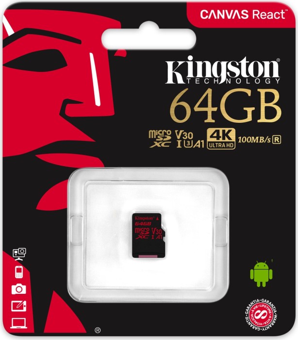 Kingston Canvas React R100/W80 microSDXC 64GB, UHS-I U3, A1, Class 10