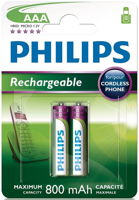 Philips rechargeable Micro AAA NiMH 800mAh, 2-pack