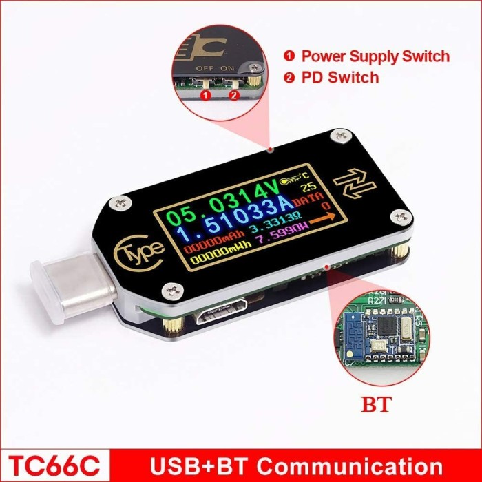 RD Tech TC66C USB-C Leistungsmonitor und Ladeprotokoll-Analysegerät, USB-C/Bluetooth