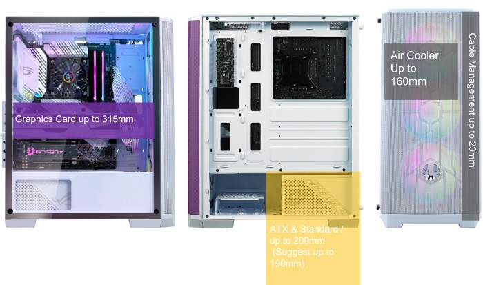 BitFenix Nova Mesh SE TG 4ARGB, biały/fioletowy, w tym 4x wentylator, wentylatory LED RGB, szklane okno
