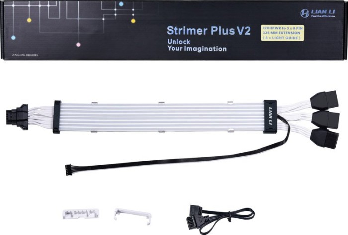 Lian Li Strimer Plus V2 12VHPWR, 16-Pin zu 3x 8Pin PCIe Verlängerungskabel, RGB beleuchtet, 8 LED-Bahnen, 33.5cm