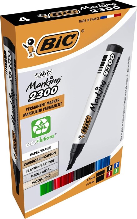 BIC Marking 2300 ECOlutions marker permanentny końcówka dłutowa 3.7-5.5mm czarny/niebieski/czerwony/zielony, zestaw 4 sztuk, Box