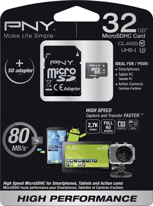 PNY High Performance R80/W40 microSDHC 32GB Kit, UHS-I U3, Class 10