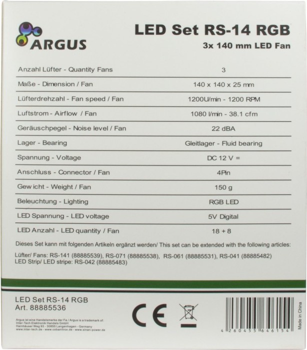 Inter-Tech Argus RS-14, LED-Steuerung, Fernbedienung, 140mm, 3er-Pack