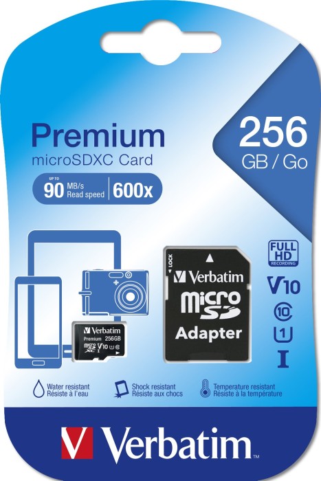 Verbatim Premium 600x R90 microSDXC 256GB Kit, UHS-I U1, Class 10