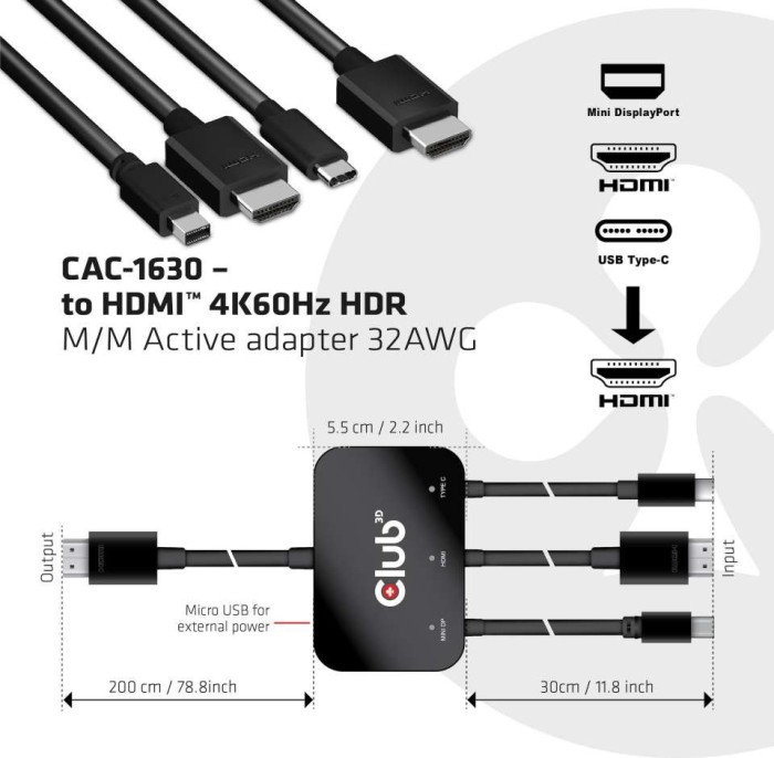 Club 3D aktywny USB-C/HDMI/mini DisplayPort na HDMI 2.0 adapter