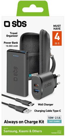 SBS Mobile Reise-Kit mit Organizer, Powerbank, Wandladegerät und USB-USB-C-Kabel schwarz