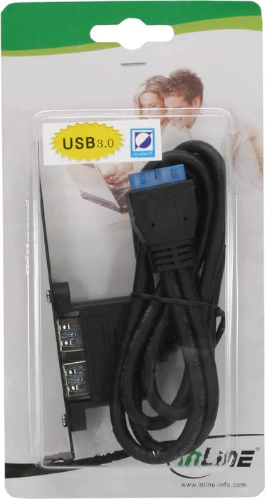 InLine Slotblech USB 3.0 – 2x USB-Buchse Auf Internen Mainboard-Anschluss | 0,5 M Kabel, Für PC-Erweiterung