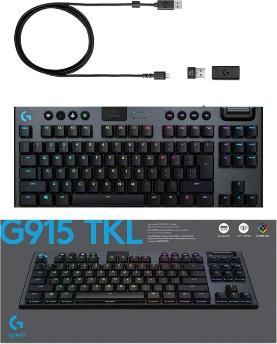 Logitech G915 TKL carbon czarny, LEDs RGB, GL Clicky, USB/Bluetooth, US