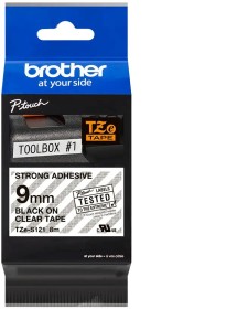 Brother TZe-S121 Beschriftungsband 9mm, schwarz auf transparent, extra stark klebend