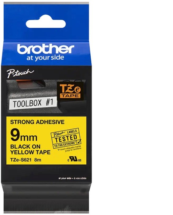 Brother TZe-S621 Beschriftungsband 9mm, schwarz auf gelb, extra stark klebend