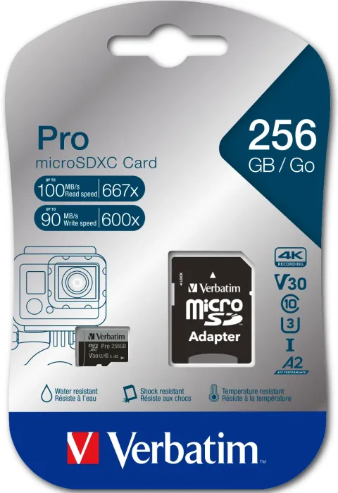 Verbatim Pro U3 R100/W90 microSDXC 256GB Kit, UHS-I U3, A2, Class 10