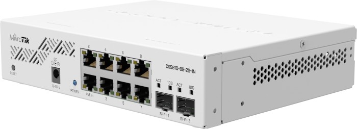 MikroTik Cloud Smart Switch CSS610 Desktop Gigabit Smart Switch, 8x RJ-45, 2x SFP+, PoE PD