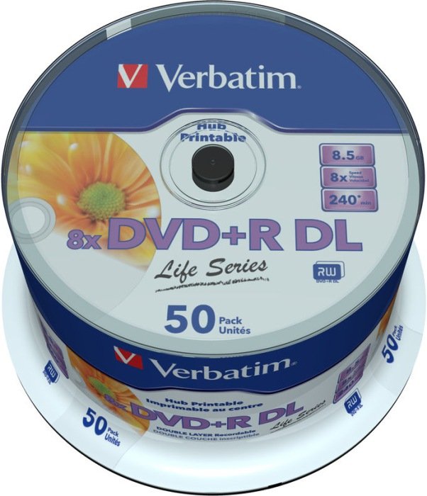 Verbatim DVD+R 8.5GB DL 8x Life Series, 50er Spindel Inkjet printable, No ID