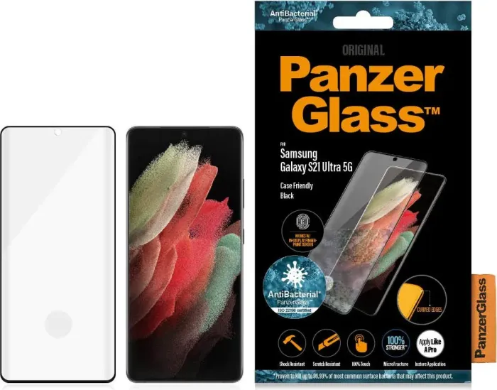 PanzerGlass Curved Edges Case Friendly AntiBacterial linie papilarne do Samsung Galaxy S21 Ultra czarny