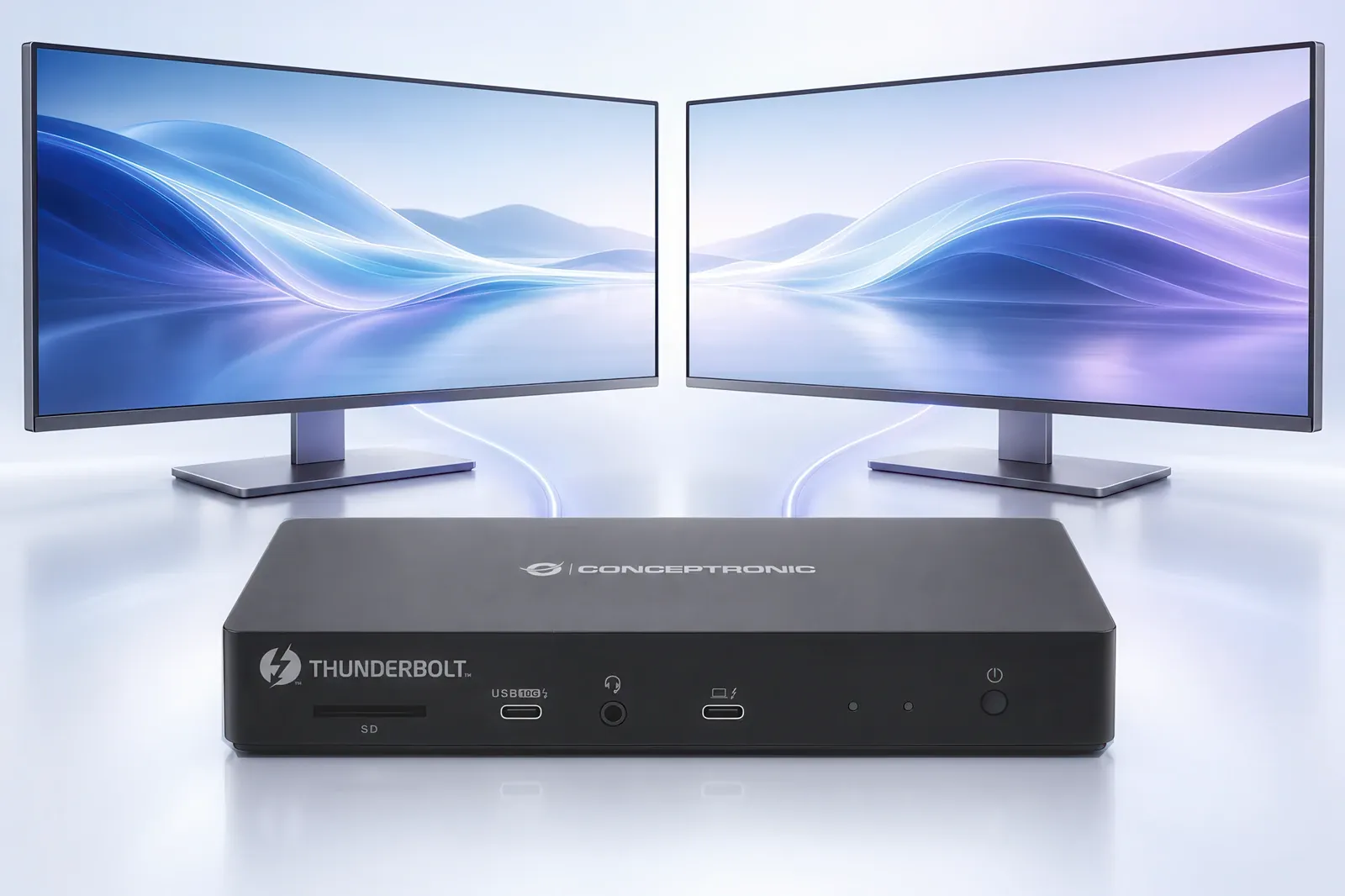 Conceptronic Docking Station mit zwei angeschlossenen Monitoren